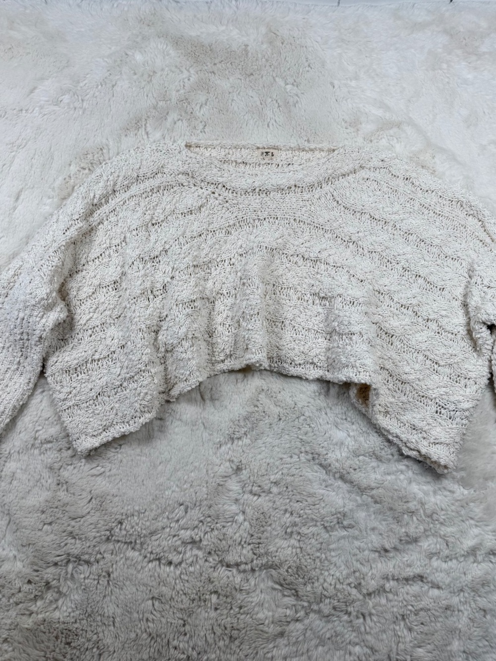 POL Cropped Chenille Sweater Knit Crew Neck Cream Women's Medium